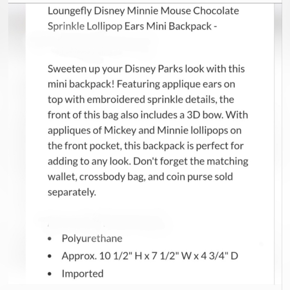 Loungefly Minnie Mouse Ears Chocolate Sprinkle Lolliipop mini backpack - Picture 5 of 12